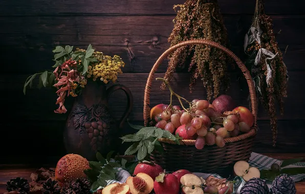 Apples, bouquet, grapes, still life, peaches, dried plants