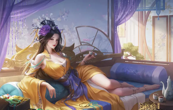 Picture cleavage, Asian, long hair, women, bed, in bed, video games, looking at viewer