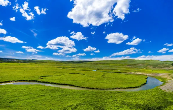 Greens, field, the sky, grass, clouds, river, blue, hills