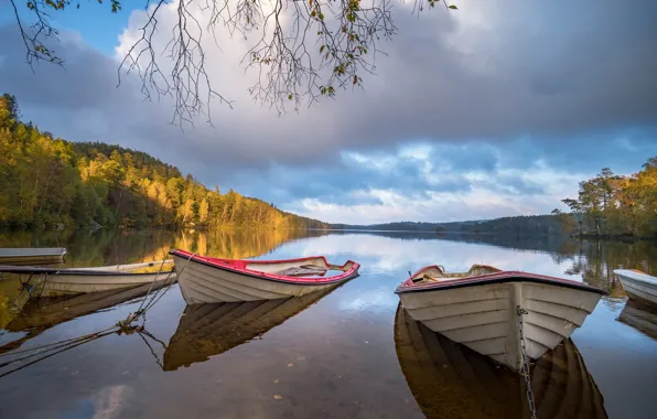 Autumn, clouds, landscape, nature, lake, boats, forest, Bank
