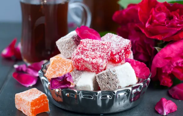 Flowers, tea, Turkish delight