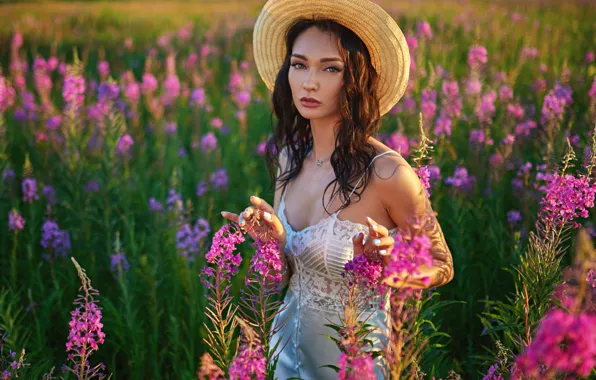 Picture look, girl, flowers, pose, meadow, hat, Sergey Fat, Sergey Zhirnov