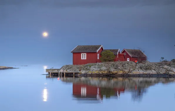 The sky, night, lake, reflection, stones, rocks, the moon, shore