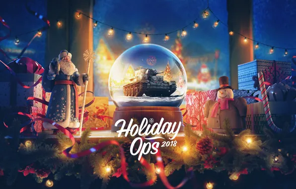 Snowman, Santa Claus, garland, World of Tanks, holiday ops 2018