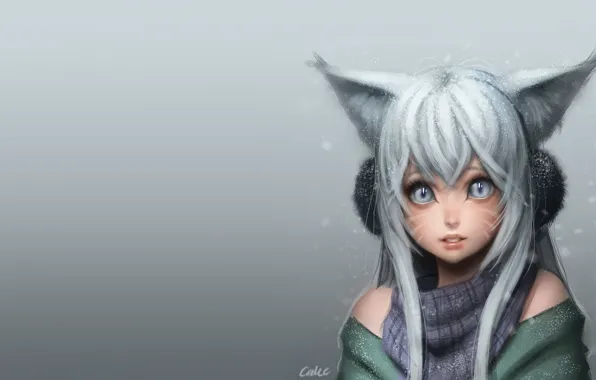 Winter, snowflakes, anime, art, girl, neko, scarf, ears