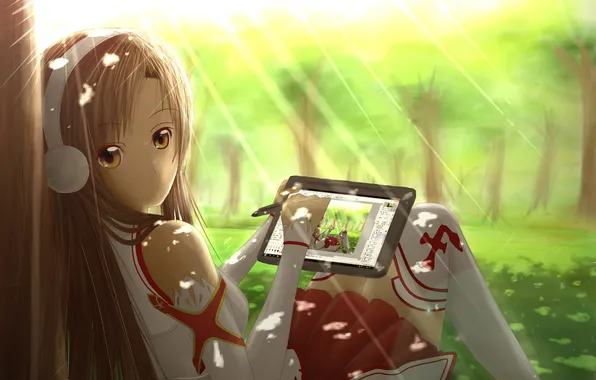 Picture eyes, look, girl, tree, headphones, Anime, sitting, tablet