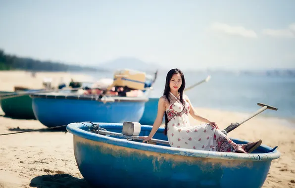 Picture summer, girl, boats, Asian