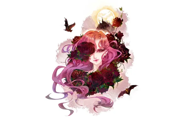 Girl, castle, the moon, roses, bats