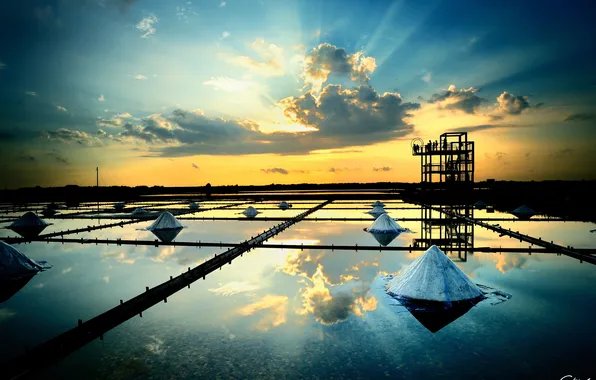 Picture water, clouds, sunset, people, the evening, tower, pyramid, farm