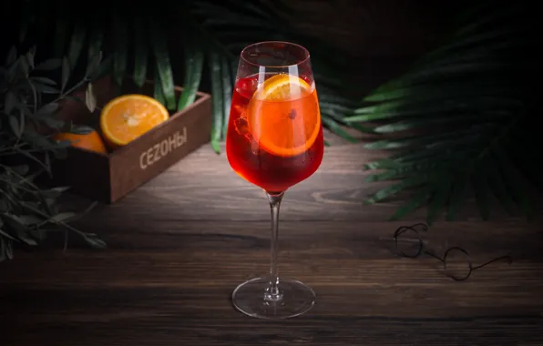 Ice, glass, orange, cocktail, drink, wood