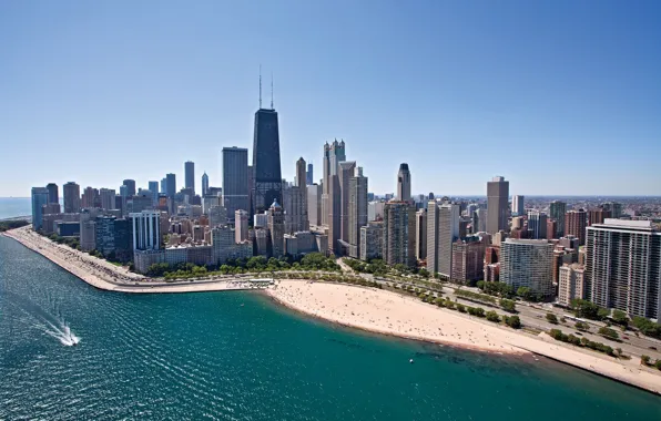 Road, sea, beach, landscape, coast, home, skyscrapers, Chicago