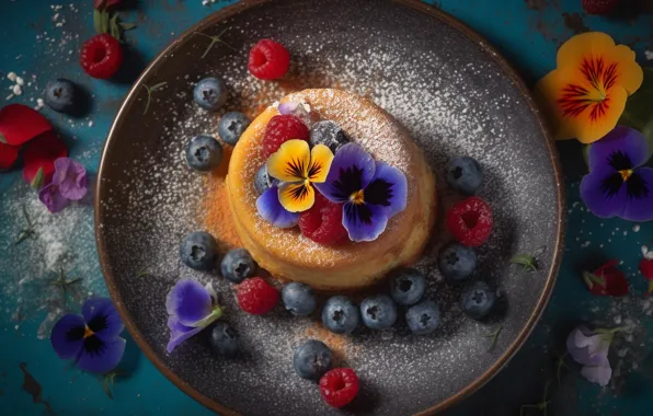 Flowers, berries, raspberry, blueberries, cake, Pansy, AI art, neural network