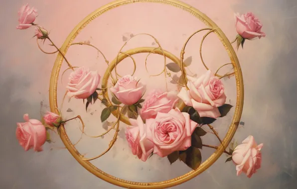 Flowers, roses, round, pink, painting, composition, imitation painting, AI art