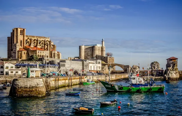 Castle, Cathedral, Spain, harbour, Castro-Urdiales