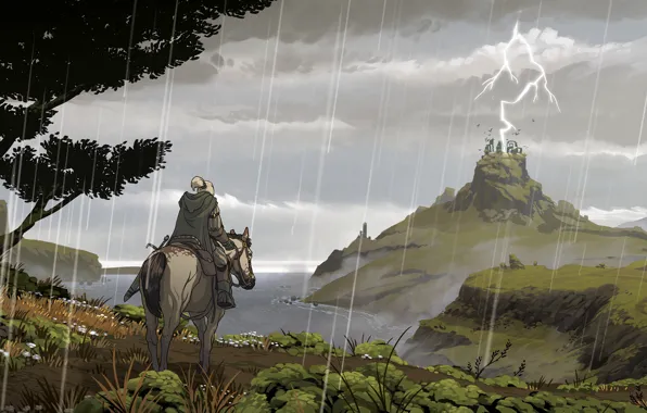 Horse, Figure, People, Lightning, Rain, Horse, Hills, Landscape
