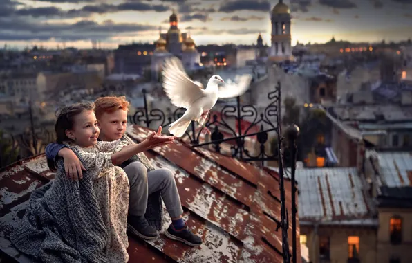 Picture the city, bird, boy, girl
