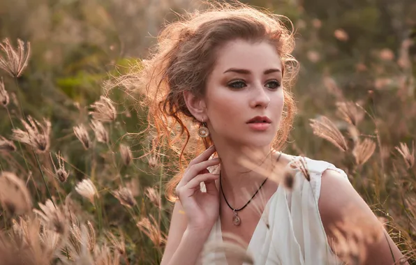 Grass, look, girl, face, pose, hand, portrait, Monika