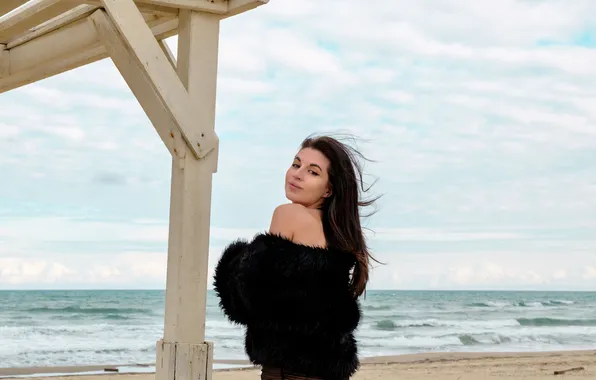 Beach, sky, long hair, ocean, model, awesome, brunette, gorgeous