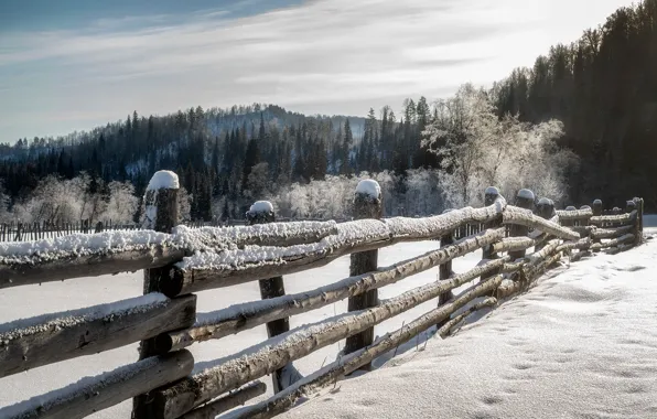 Picture winter, snow, landscape, mountains, nature, hills, forest, fence