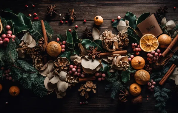 Leaves, flowers, branches, berries, table, Board, oranges, fruit