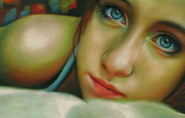 Picture look, girl, face, eyelashes, lips, blue eyes, painting, shoulder