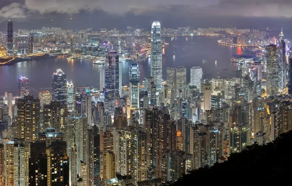 Night, building, Hong Kong, skyscrapers