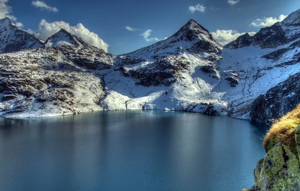 Picture the sky, water, clouds, snow, mountains, lake