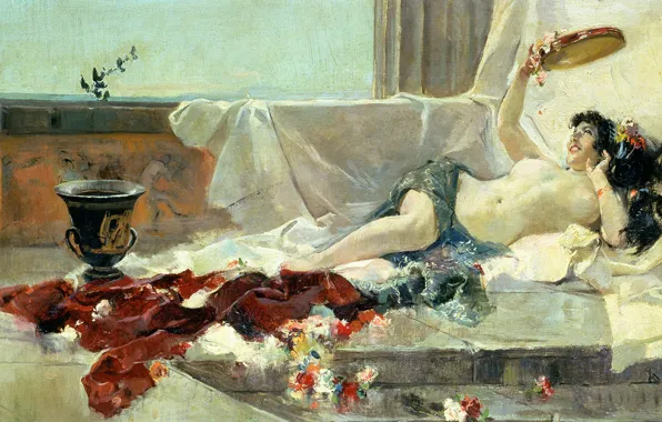 Erotic, chest, flowers, picture, vase, Nude, bed, Joaquin Sorolla