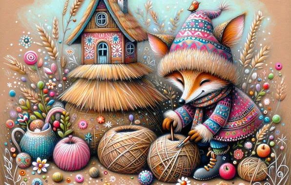 Autumn, pattern, apples, styling, Fox, outfit, straw, house