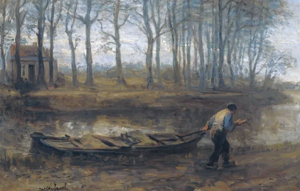 Picture landscape, oil, picture, canvas, 1887, Joseph Israels, Jozef Israels, Skipper Pulls a Barge with Sand