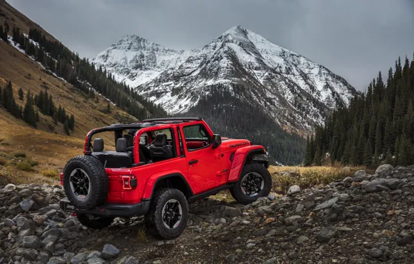 Snow, red, stones, the slopes, tops, 2018, Jeep, Wrangler Rubicon