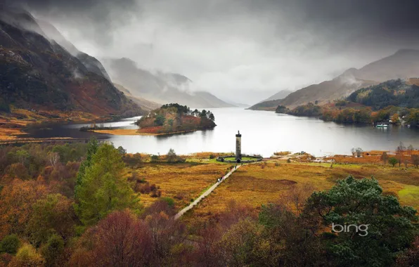 Picture forest, trees, mountains, lake, people, tower, track