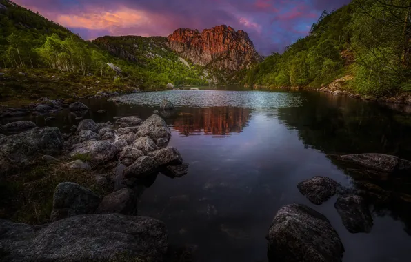 Water, trees, landscape, rock, lake, stones, hills, twilight