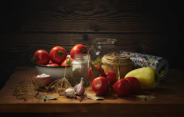 The dark background, table, Board, dill, Bank, dishes, cover, pepper