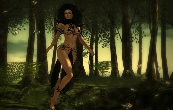 Forest, look, girl, trees, rendering, hair, body, tattoo