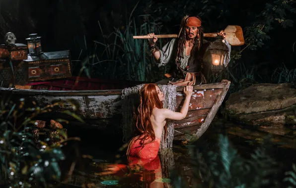 Girl, boat, mermaid, fantasy, lantern, male, Jack Sparrow, paddle