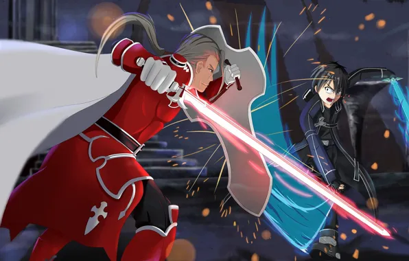 Sword, armor, rage, sparks, blow, shield, knight, cloak