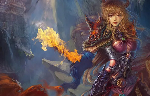 Picture girl, the city, lights, magic, art, horns