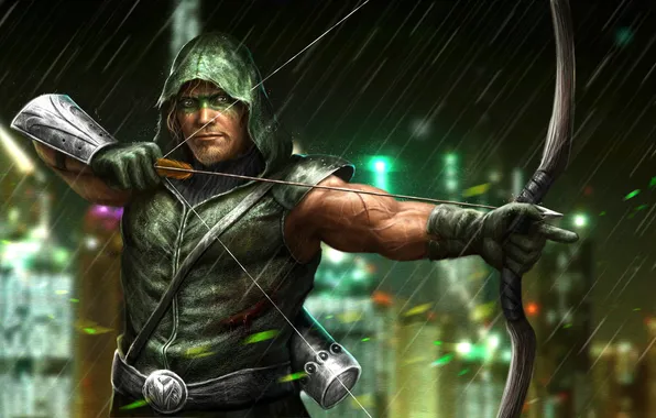 Picture rain, bow, art, hood, male, Archer, Green Arrow, Green Arrow