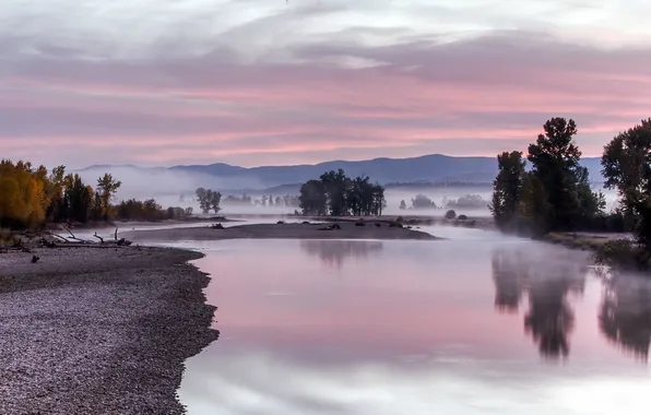 Landscape, fog, morning, Bitterroot River