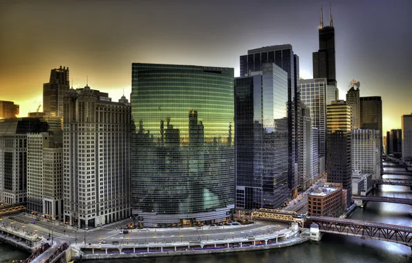 Picture water, sunset, the city, Chicago, Skyscrapers, USA, America, Chicago