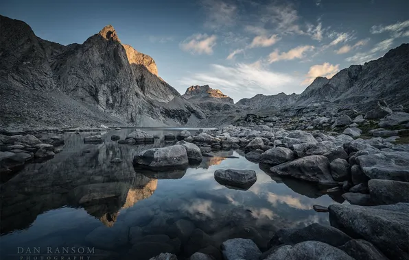 Picture sunset, mountains, nature, river, stones