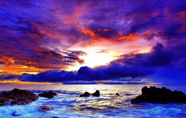 Sea, the sky, clouds, sunset, clouds, stones, rocks, shore
