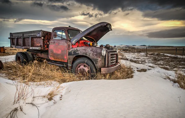 Picture metal, snow, truck, abandoned, rust, dry vegetation