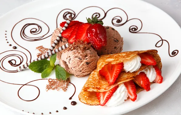 Strawberry, ice cream, pancakes, mint, dessert, sweet sticks