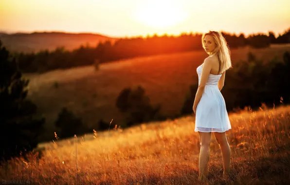 Picture field, look, girl, sunset, nature, pose, model, figure