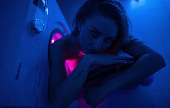 Look, girl, light, bathroom, neon light, washing machine, Maxim Gontarev
