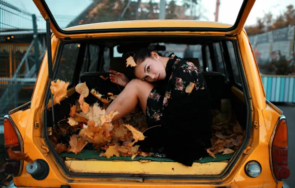 Look, leaves, pose, model, portrait, makeup, dress, brunette