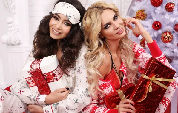 Girl, smile, holiday, box, gift, toy, two, tree