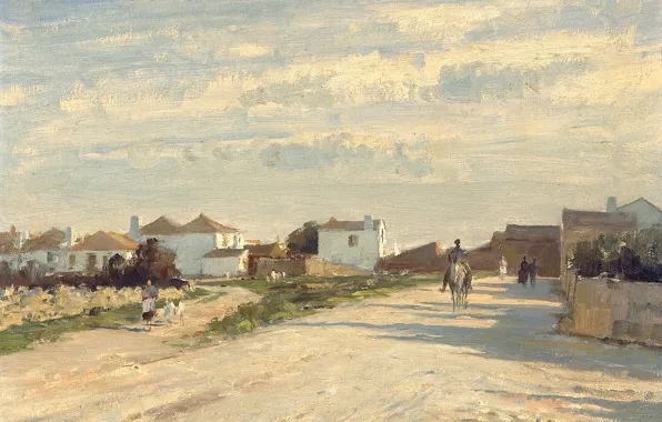 Landscape, home, picture, rider, Edward Seago, View Of The Village Torres. Portugal
